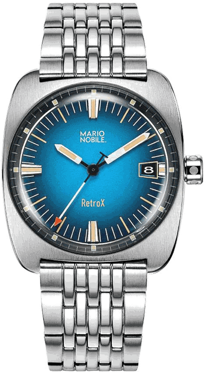Mario Nobile RetroX in Blue Sbagliato, a 34 mm steel watch with a blue dégradé dial